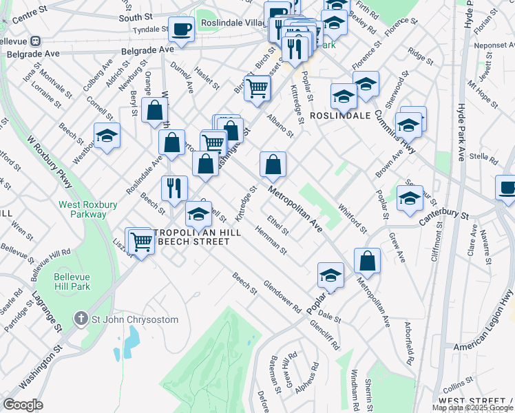 map of restaurants, bars, coffee shops, grocery stores, and more near 119 Augustus Avenue in Boston