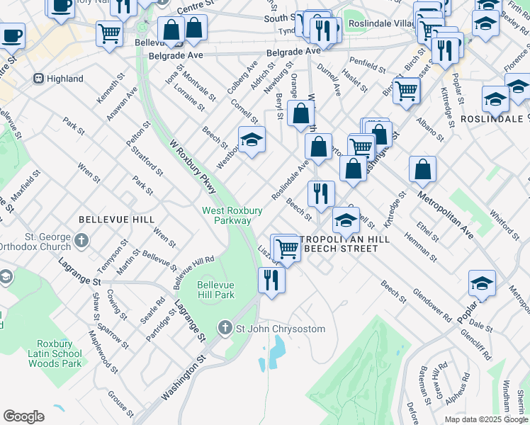 map of restaurants, bars, coffee shops, grocery stores, and more near 270 Roslindale Avenue in Boston