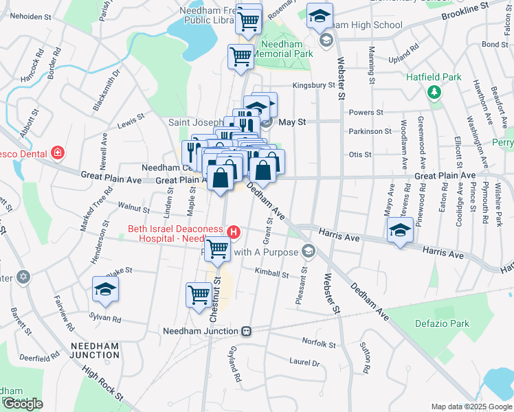 map of restaurants, bars, coffee shops, grocery stores, and more near 81 Dedham Avenue in Needham
