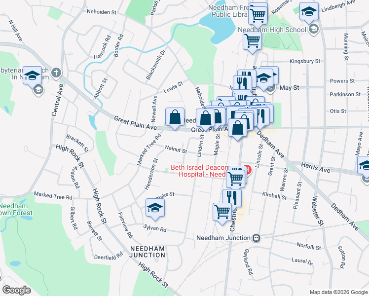 map of restaurants, bars, coffee shops, grocery stores, and more near 39 Walnut Street in Needham