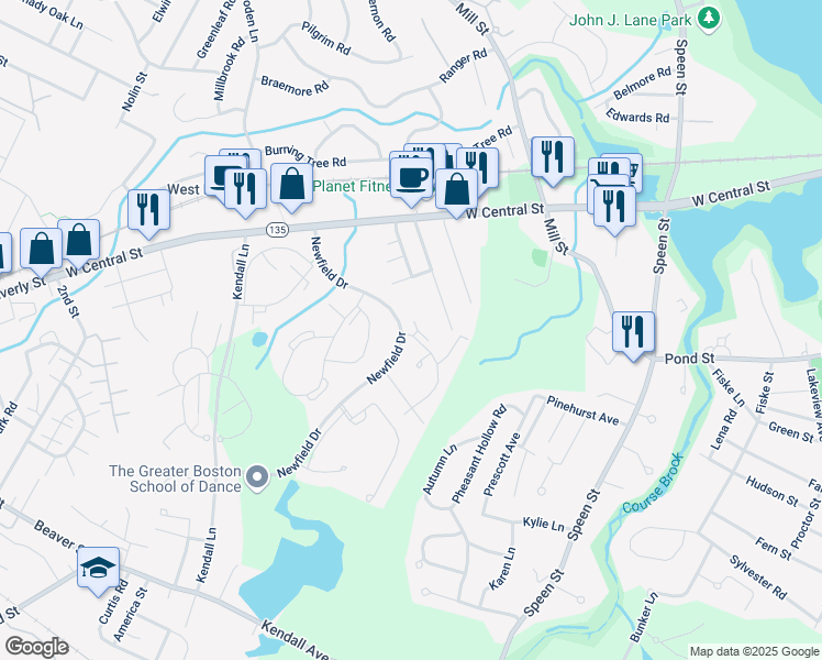 map of restaurants, bars, coffee shops, grocery stores, and more near 10 Silver Hill Lane in Natick