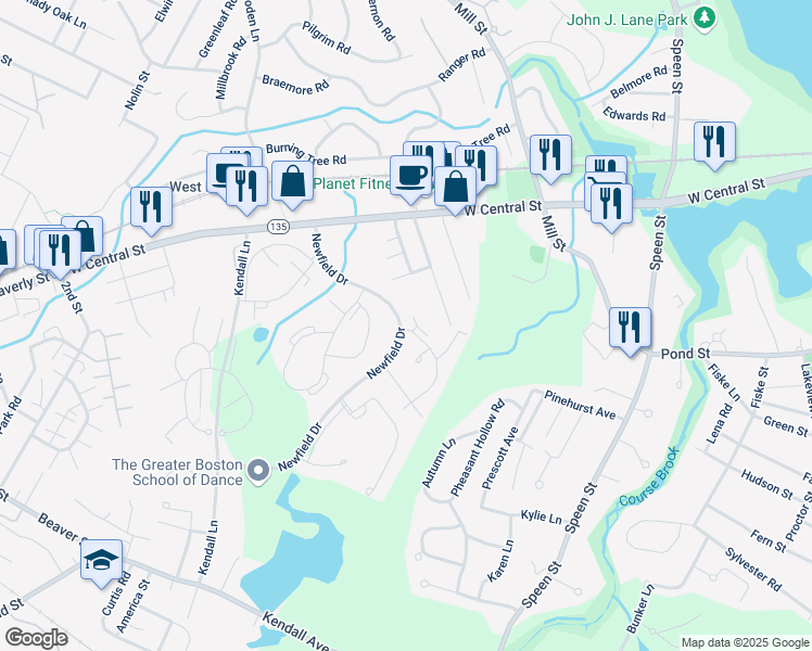 map of restaurants, bars, coffee shops, grocery stores, and more near 10 Silver Hill Lane in Natick
