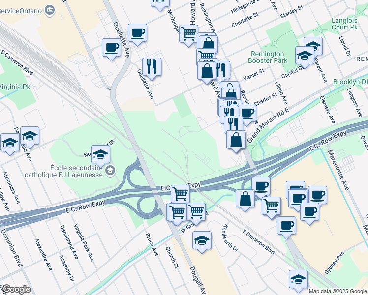 map of restaurants, bars, coffee shops, grocery stores, and more near in Windsor
