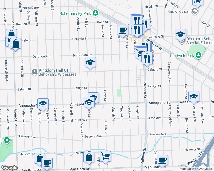 map of restaurants, bars, coffee shops, grocery stores, and more near 4256 Mayfair Street in Dearborn Heights