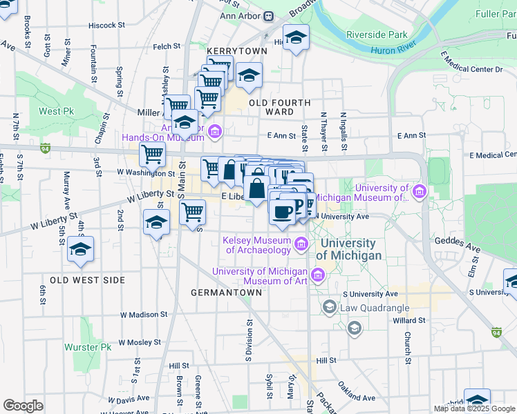 map of restaurants, bars, coffee shops, grocery stores, and more near 308 Thompson Street in Ann Arbor