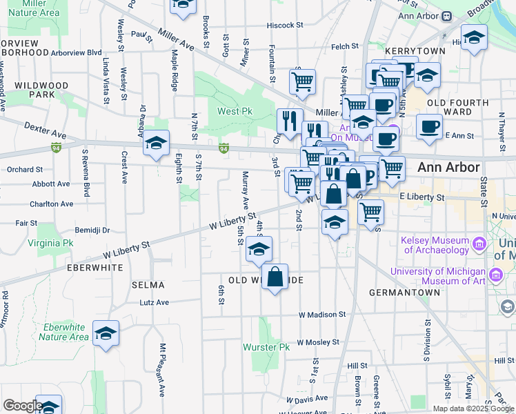map of restaurants, bars, coffee shops, grocery stores, and more near 245 Murray Avenue in Ann Arbor