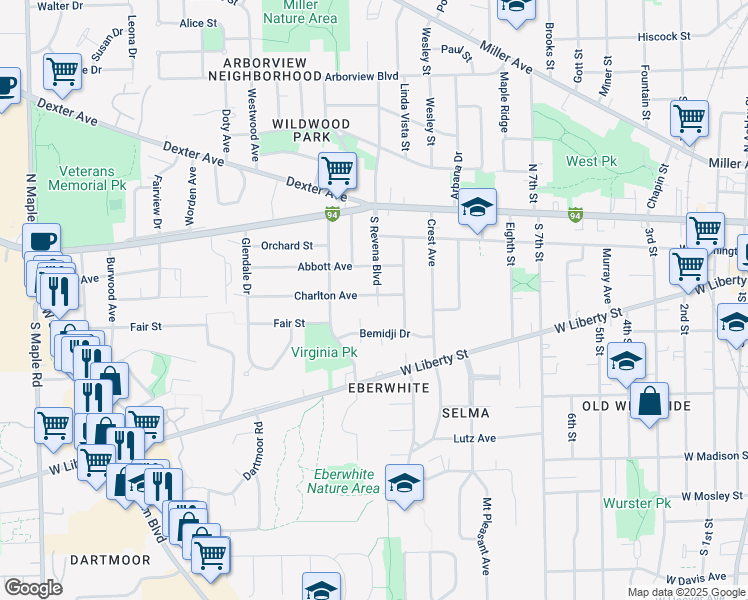 map of restaurants, bars, coffee shops, grocery stores, and more near 402 South Revena Boulevard in Ann Arbor