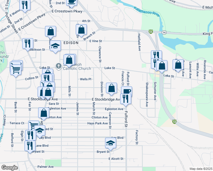 map of restaurants, bars, coffee shops, grocery stores, and more near 1503 Washington Avenue in Kalamazoo