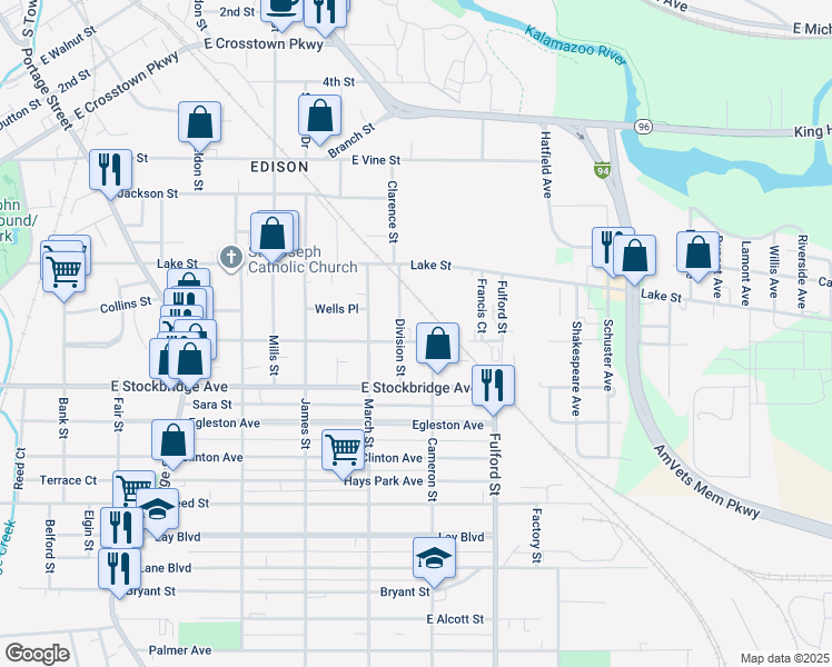 map of restaurants, bars, coffee shops, grocery stores, and more near 1503 Washington Avenue in Kalamazoo
