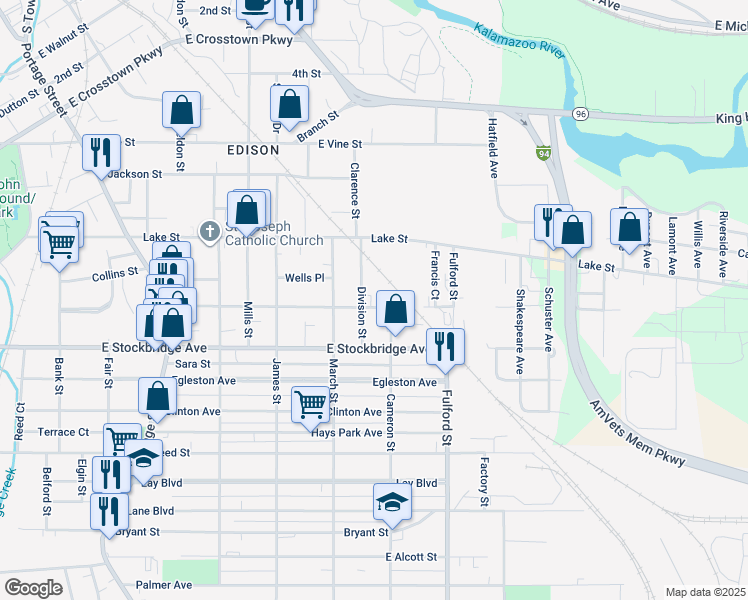 map of restaurants, bars, coffee shops, grocery stores, and more near 1503 Washington Avenue in Kalamazoo