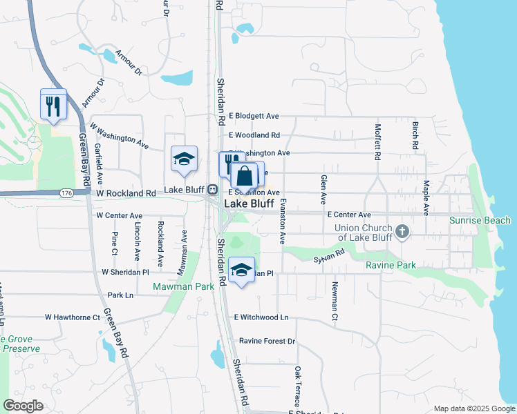 map of restaurants, bars, coffee shops, grocery stores, and more near 130 East Center Avenue in Lake Bluff