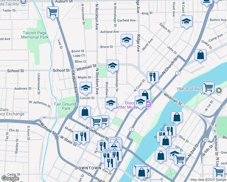 map of restaurants, bars, coffee shops, grocery stores, and more near 642 North Winnebago Street in Rockford