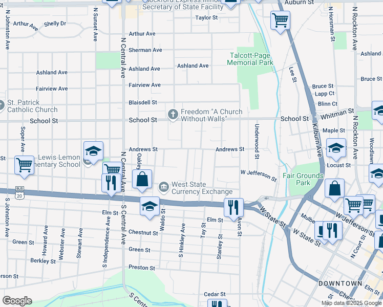 map of restaurants, bars, coffee shops, grocery stores, and more near 329 North Hinkley Avenue in Rockford