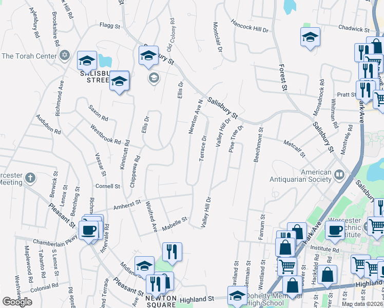 map of restaurants, bars, coffee shops, grocery stores, and more near 118 Newton Avenue North in Worcester