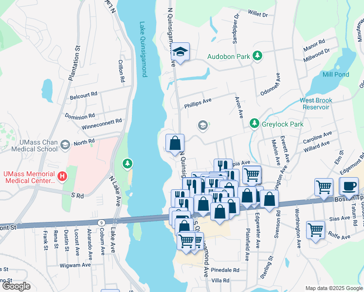 map of restaurants, bars, coffee shops, grocery stores, and more near 70 South Quinsigamond Avenue in Shrewsbury