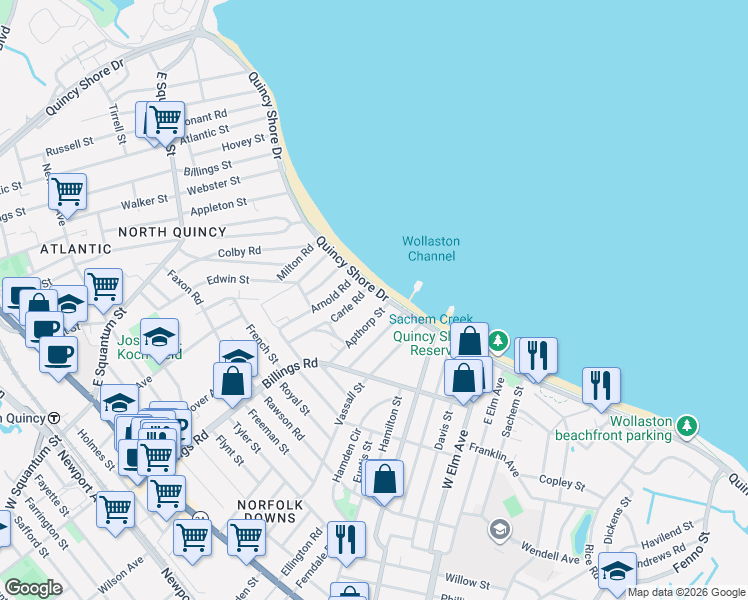 map of restaurants, bars, coffee shops, grocery stores, and more near 623 Quincy Shore Drive in Quincy