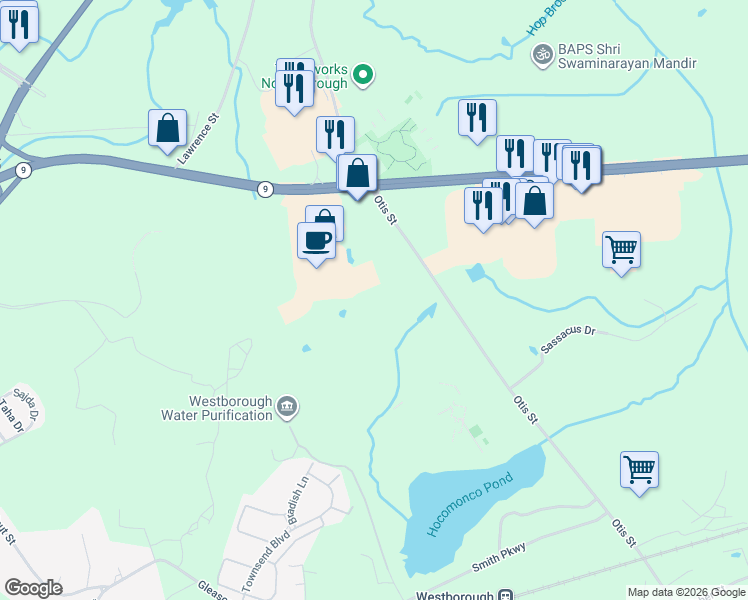 map of restaurants, bars, coffee shops, grocery stores, and more near 64 Otis Street in Westborough