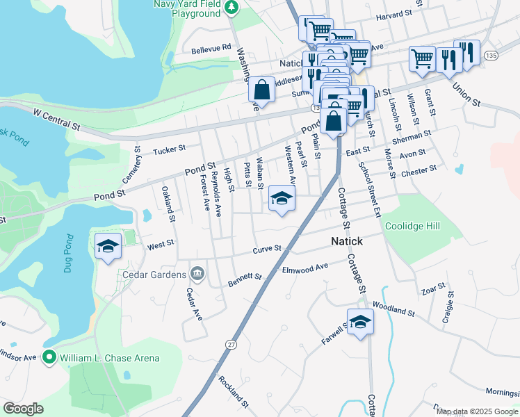 map of restaurants, bars, coffee shops, grocery stores, and more near 27 Wabaw Street in Natick