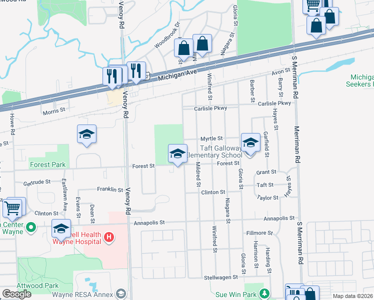 map of restaurants, bars, coffee shops, grocery stores, and more near 3975 Hubbard Street in Wayne