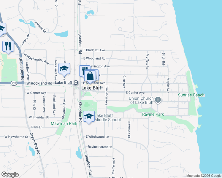 map of restaurants, bars, coffee shops, grocery stores, and more near 206 East Center Avenue in Lake Bluff