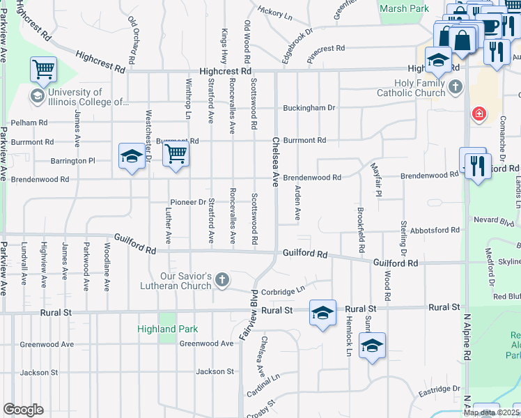 map of restaurants, bars, coffee shops, grocery stores, and more near 1017 Scottswood Road in Rockford