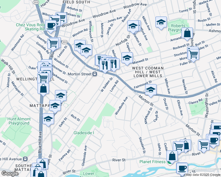 map of restaurants, bars, coffee shops, grocery stores, and more near 41 Lorna Road in Boston