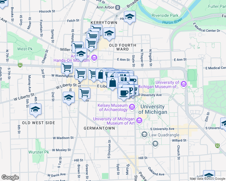 map of restaurants, bars, coffee shops, grocery stores, and more near 311 South Division Street in Ann Arbor