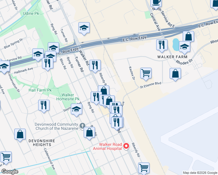 map of restaurants, bars, coffee shops, grocery stores, and more near 3294 Riberdy Road in Windsor