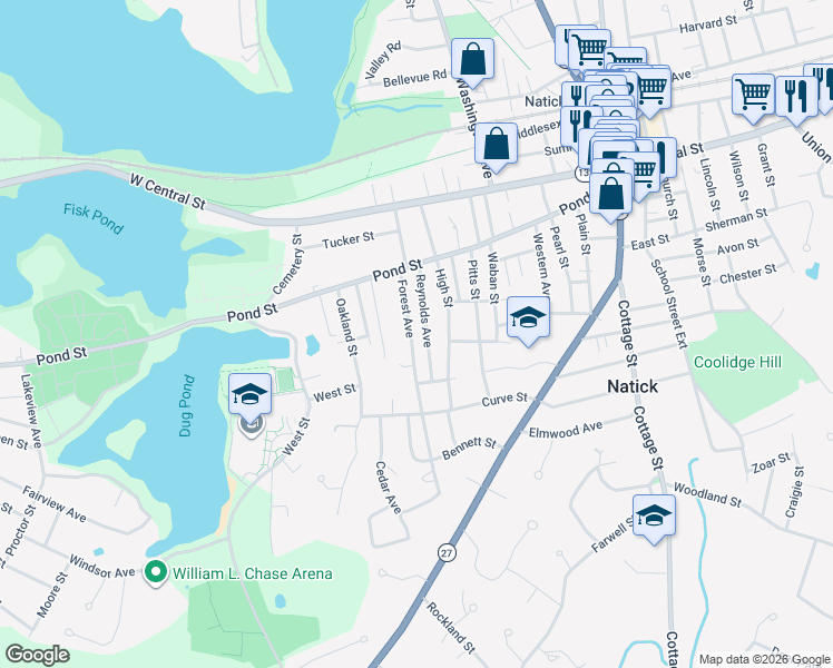 map of restaurants, bars, coffee shops, grocery stores, and more near 20 Forest Avenue in Natick