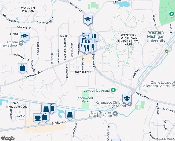 map of restaurants, bars, coffee shops, grocery stores, and more near 1214 Lafayette Avenue in Kalamazoo