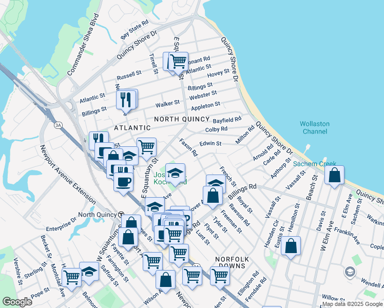 map of restaurants, bars, coffee shops, grocery stores, and more near 43 Faxon Road in Quincy