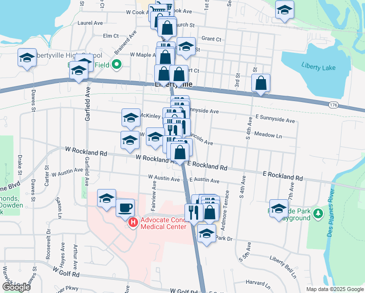 map of restaurants, bars, coffee shops, grocery stores, and more near 420 Illinois 21 in Libertyville