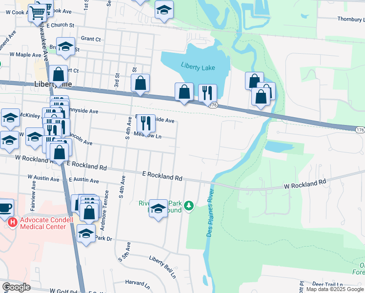 map of restaurants, bars, coffee shops, grocery stores, and more near 861 East Park Avenue in Libertyville