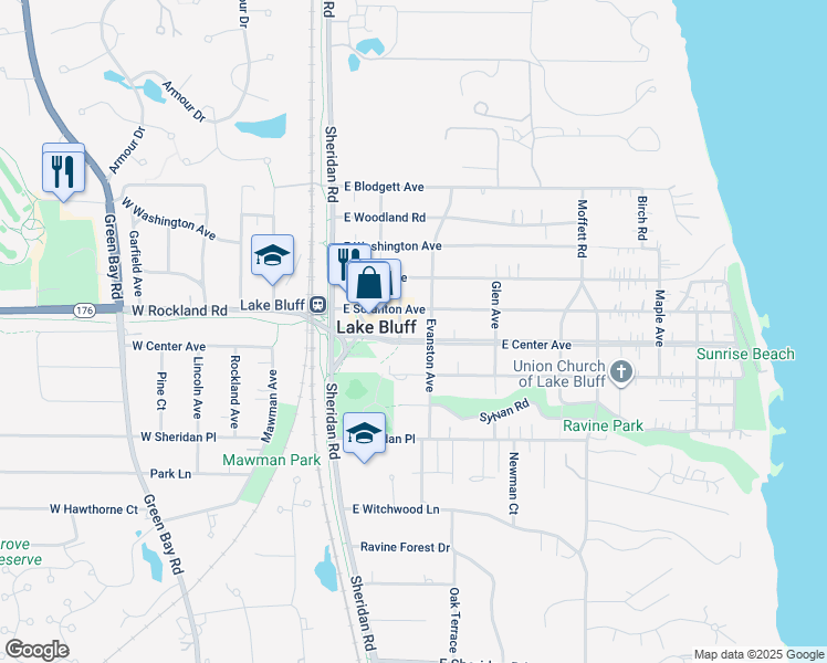 map of restaurants, bars, coffee shops, grocery stores, and more near 130 E Center Ave in Lake Bluff