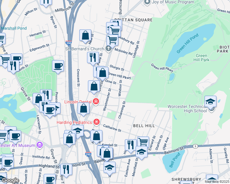 map of restaurants, bars, coffee shops, grocery stores, and more near 32 Forbes Street in Worcester