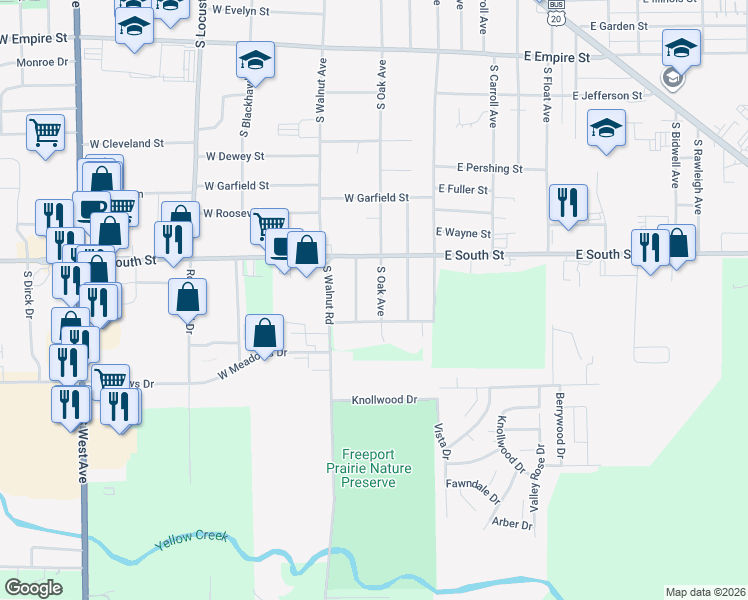 map of restaurants, bars, coffee shops, grocery stores, and more near 1750 South Oak Avenue in Freeport