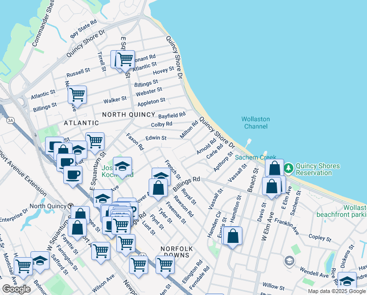 map of restaurants, bars, coffee shops, grocery stores, and more near 13 Canton Road in Quincy