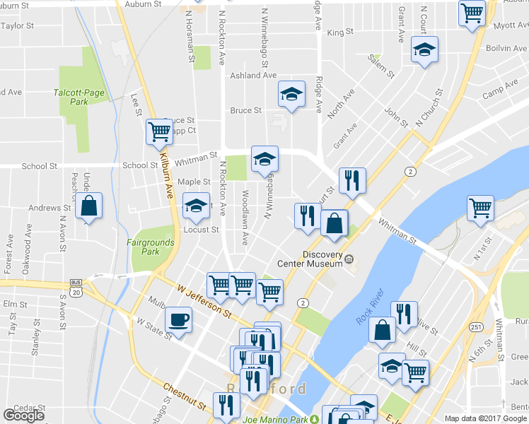 map of restaurants, bars, coffee shops, grocery stores, and more near 642 North Winnebago Street in Rockford