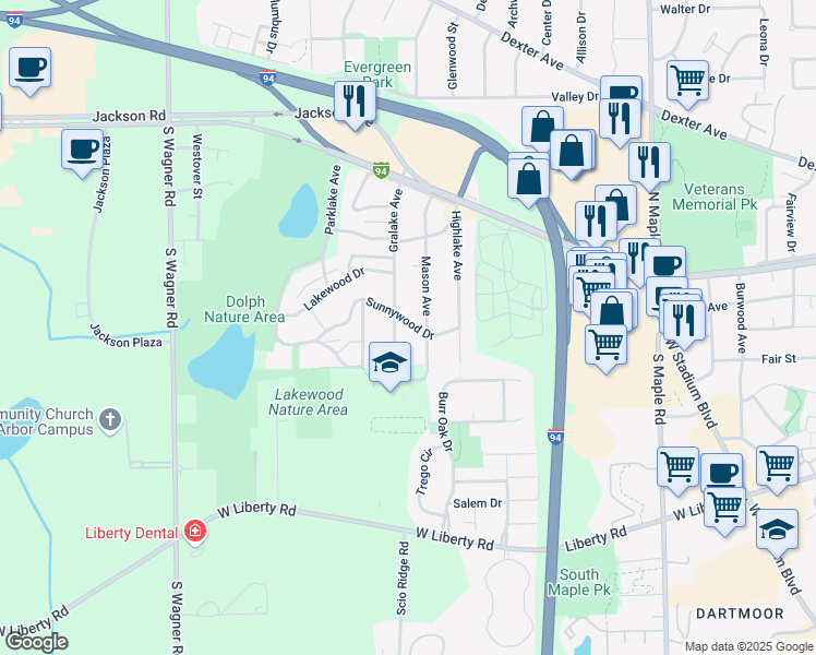 map of restaurants, bars, coffee shops, grocery stores, and more near 2981 Sunnywood Drive in Ann Arbor