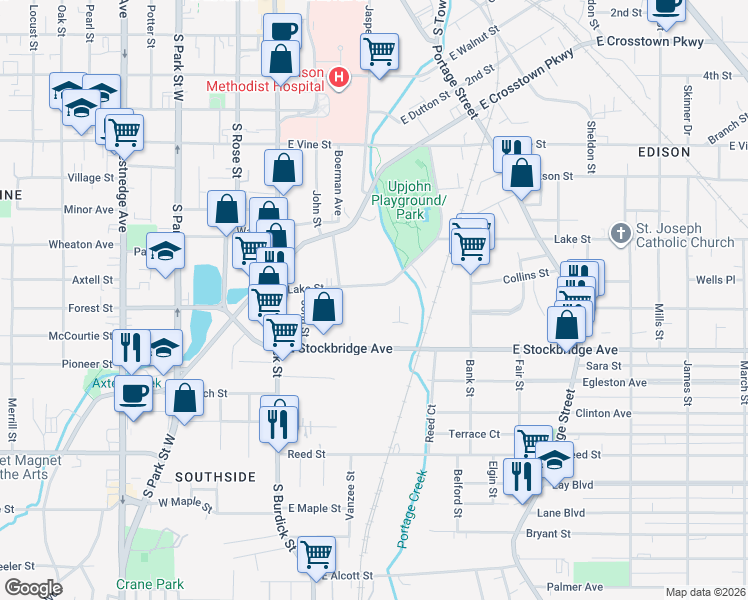 map of restaurants, bars, coffee shops, grocery stores, and more near 316 Lake Street in Kalamazoo