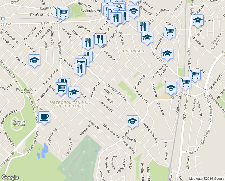 map of restaurants, bars, coffee shops, grocery stores, and more near 139 Metropolitan Avenue in Boston