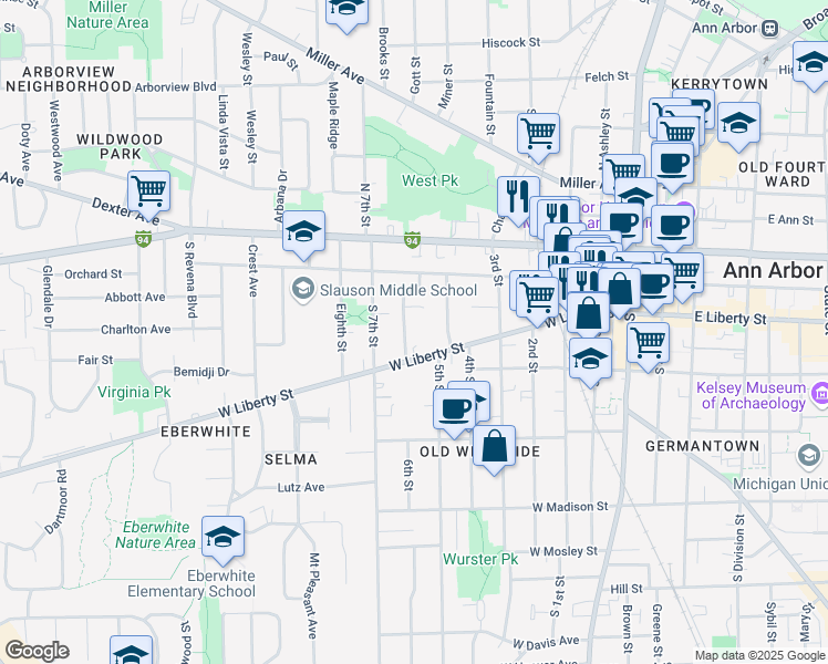 map of restaurants, bars, coffee shops, grocery stores, and more near 327 Mulholland Street in Ann Arbor