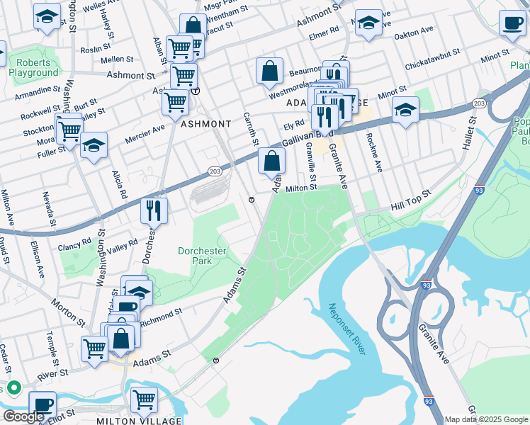 map of restaurants, bars, coffee shops, grocery stores, and more near 949 Adams Street in Boston