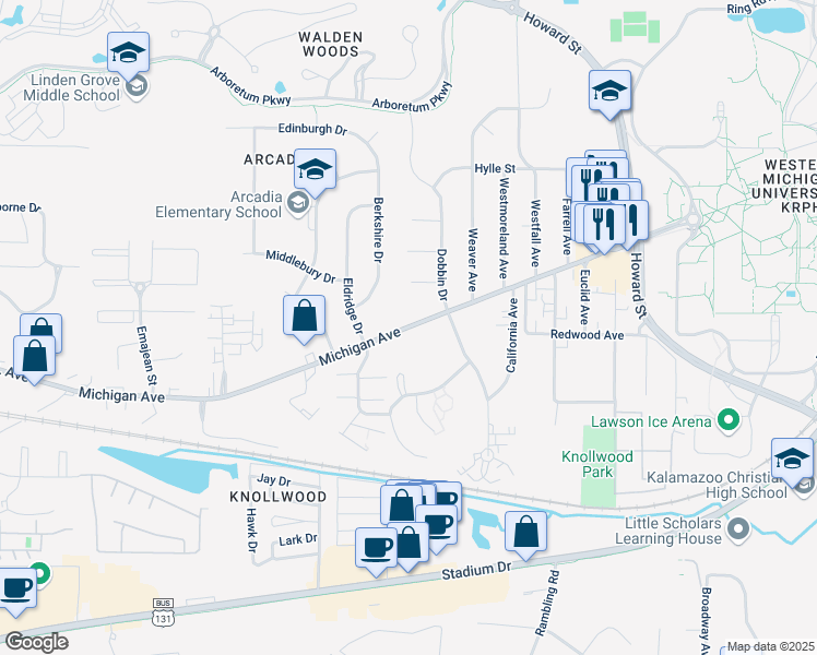 map of restaurants, bars, coffee shops, grocery stores, and more near 3325 West Michigan Avenue in Kalamazoo Township