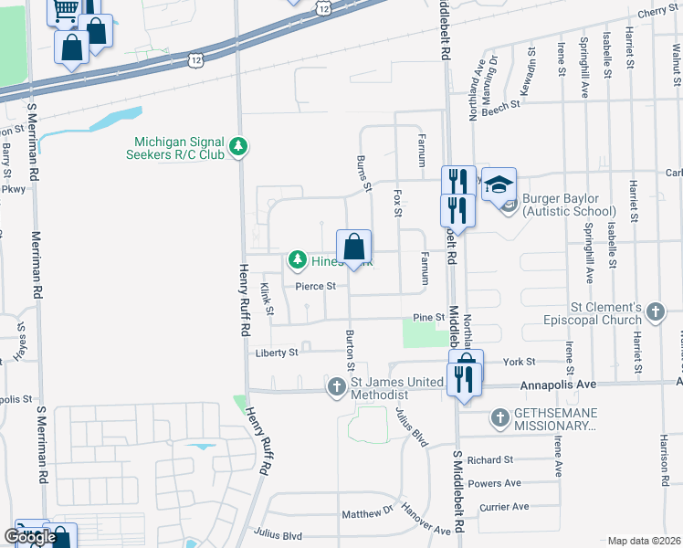 map of restaurants, bars, coffee shops, grocery stores, and more near 4064 Burton Street in Inkster