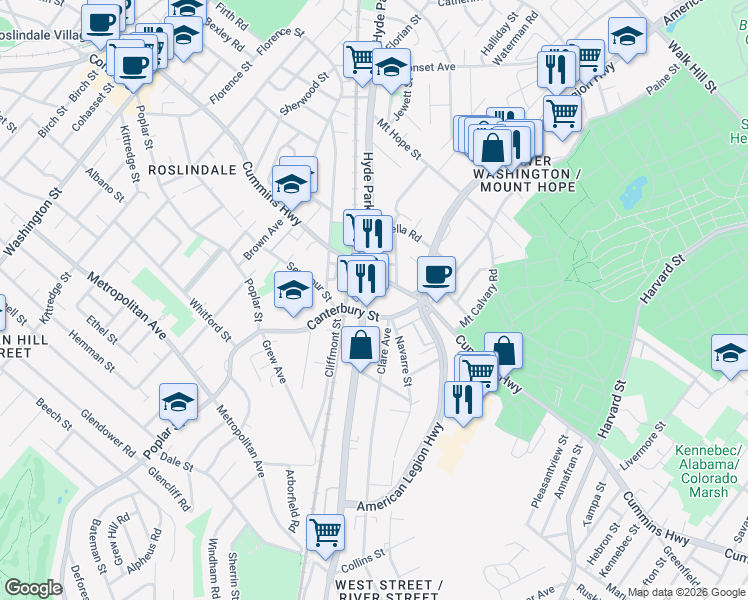 map of restaurants, bars, coffee shops, grocery stores, and more near 307 Cummins Highway in Boston