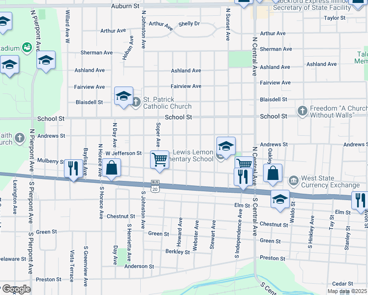 map of restaurants, bars, coffee shops, grocery stores, and more near 308 Miriam Avenue in Rockford