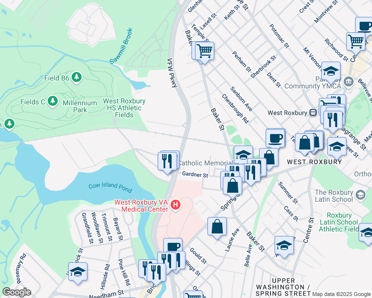 map of restaurants, bars, coffee shops, grocery stores, and more near 1212 Veterans of Foreign Wars Parkway in Boston