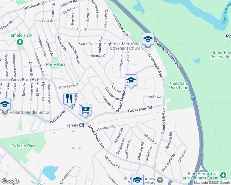 map of restaurants, bars, coffee shops, grocery stores, and more near 22 Tudor Road in Needham