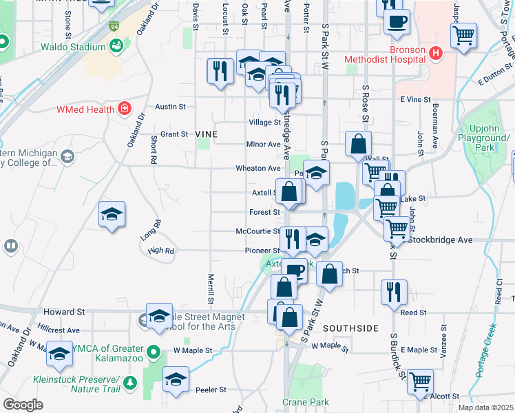map of restaurants, bars, coffee shops, grocery stores, and more near 614 Forest Street in Kalamazoo